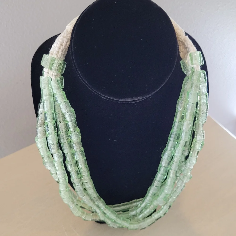 Artisan green glass bead multi strand necklace with cord and button